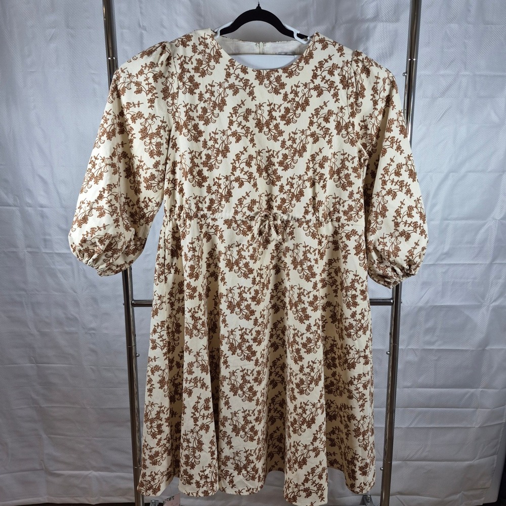 Dainty Jewells Dress Floral Corduroy Puff Sleeve XL Cream Brown Women